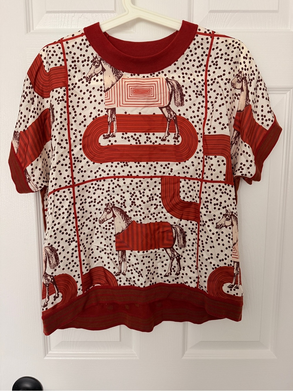Hermes Red & Cream Horse Print Short Sleeve Tee